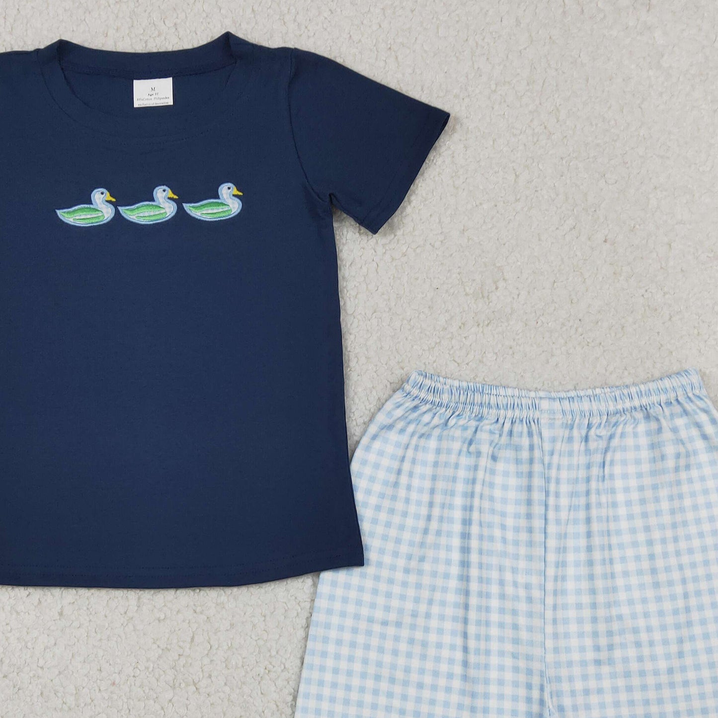 RTS NO MOQ milk silk BSSO1938 Embroidery Baby Boys Cute Duck Embroidery Navy Top Plaid Hunting Shorts Set