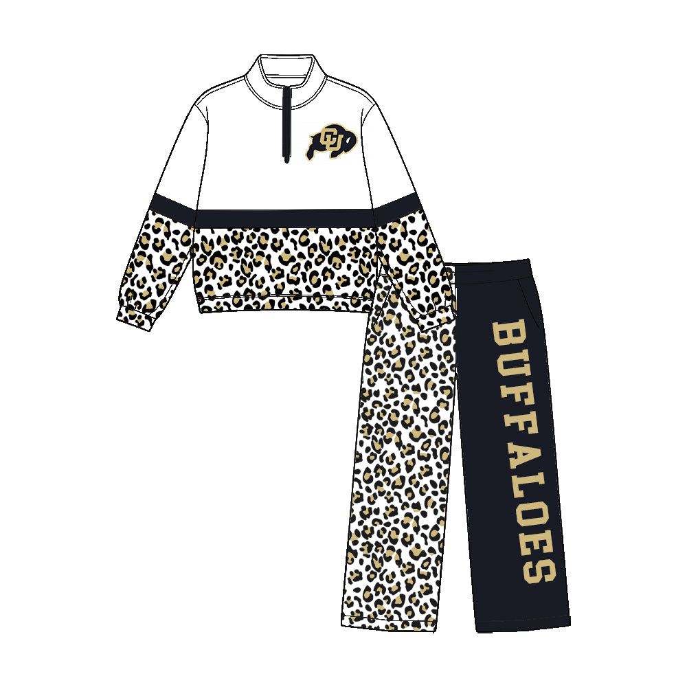 custom moq 5 mix size  XY073001 Baby Kids Leopard Patchwork Zipper Long Sleeve Pullover Top Pants Team Clothes Set