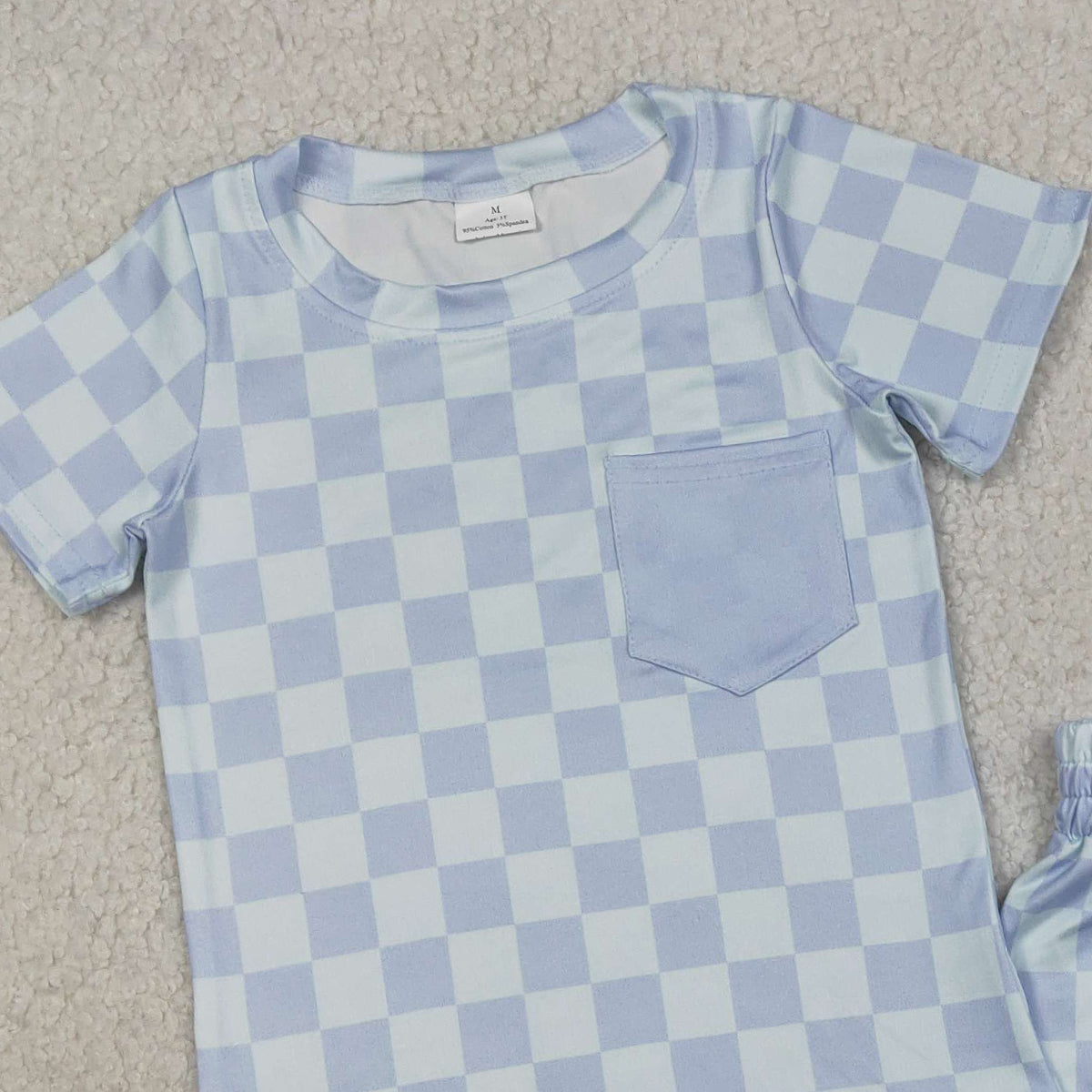 RTS NO MOQ BSSO1753 Baby Boys Blue Checked Pajamas Set with Pocket Long Sleeve Top And Shorts
