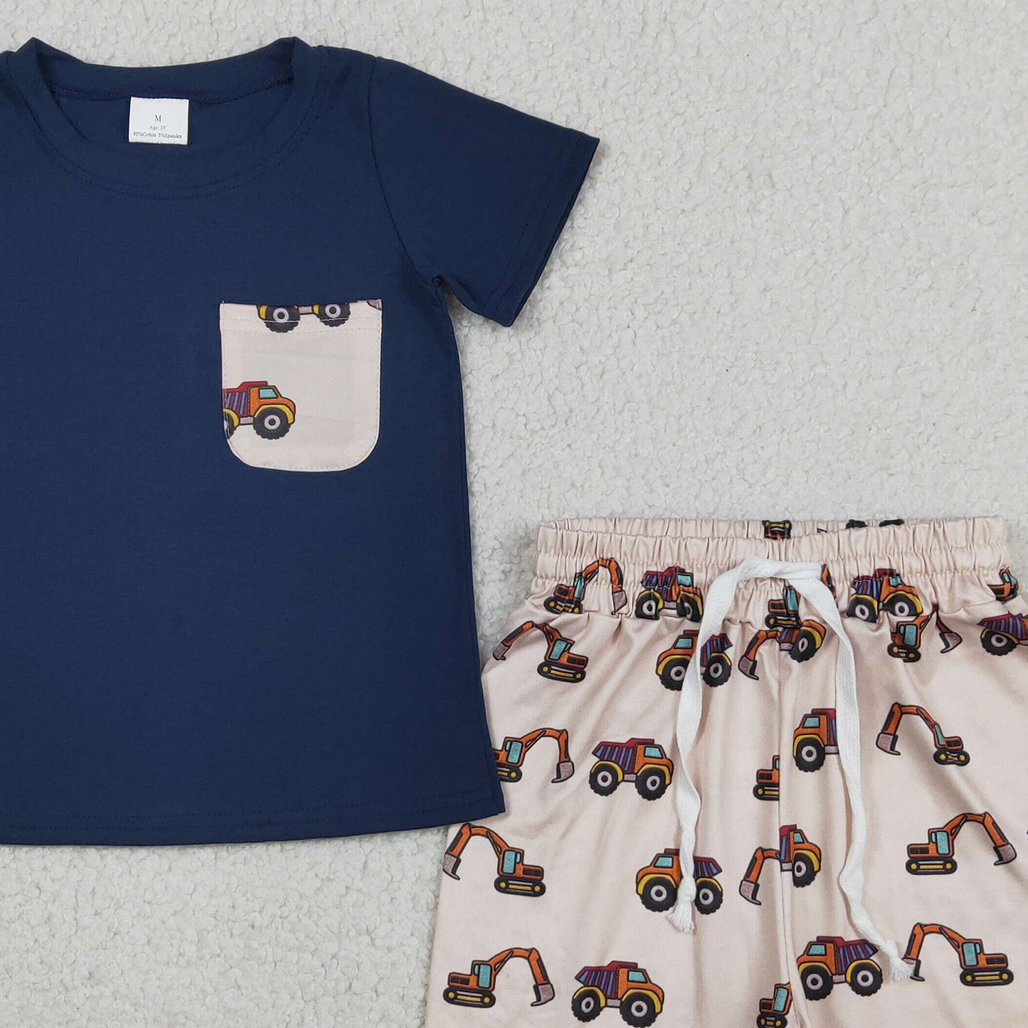 RTS NO MOQ BSSO1364 Baby Boys Summer Navy Pocket Top Excavator Print Shorts