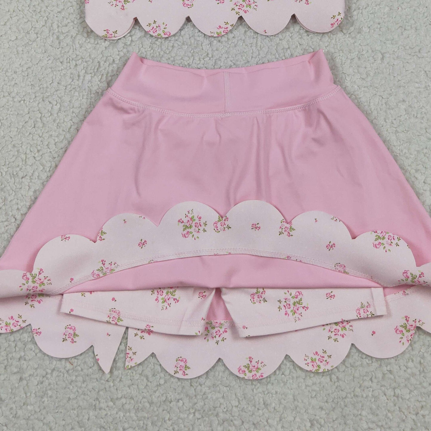 RTS NO MOQ yoga fabric GSD3321 Baby Girls Light Pink Floral Vest Bow Scallop Skort Active Set