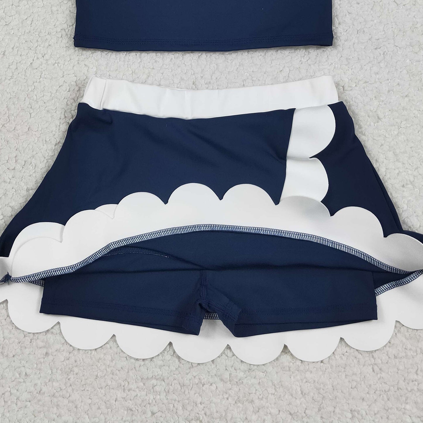 RTS NO MOQ yoga fabric cotton GSD4024 Baby Girls Sleeveless Navy White Scallop Skirt Yoga Active Outfit Set