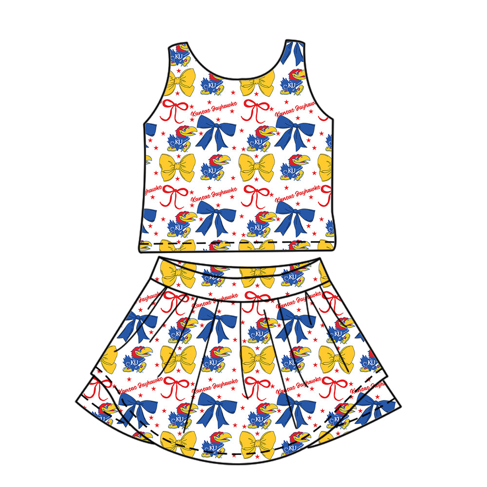 Custom moq 5 mix size milk silk summer teams baby girls clothes team bow yellow sleeveless skirts sets and dress 1 and dress 2 and top-25.6.23