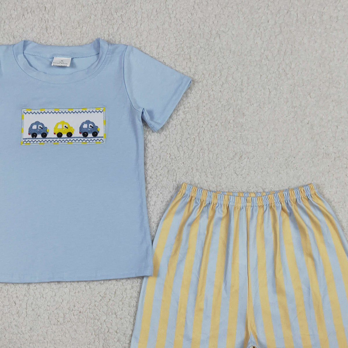 RTS NO MOQ BSSO0617 Baby Boys Blue Embroidery Cars Shirt Top with Stripe Shorts Clothing Set