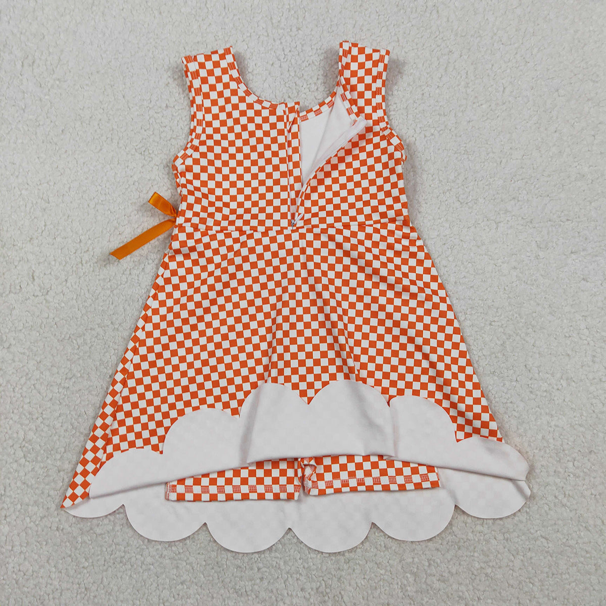 RTS NO MOQ GSD3428 Baby Girls Orange Checked Scallop Shorts Knee Length Dresses Active Yoga Casual Outfit for Toddlers