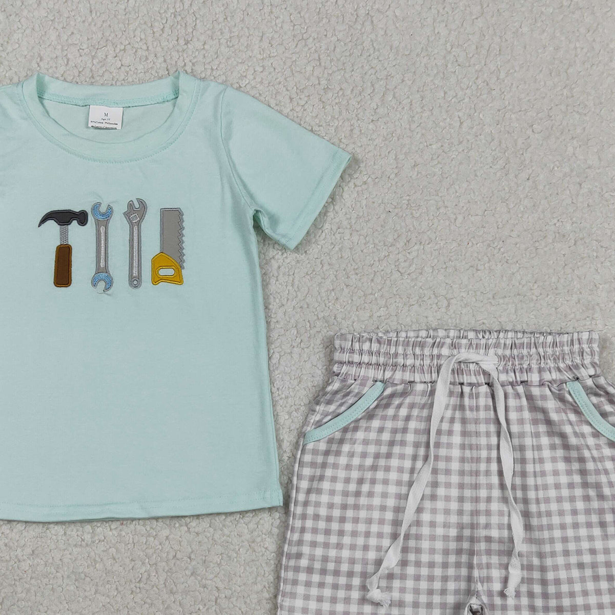 RTS NO MOQ BSSO1666 Baby Boys Embroidery Tools Top with Checked Pockets Shorts Clothing Set