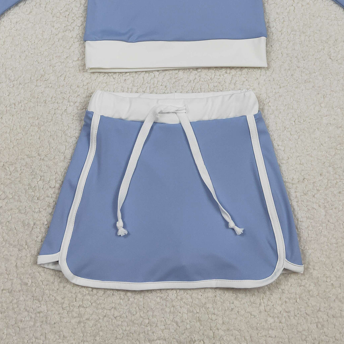 RTS NO MOQ GLD1483 Baby Girls Blue Long Sleeve Top with Skirt And Shorts Yoga Active Wear Clothing Set for Kids