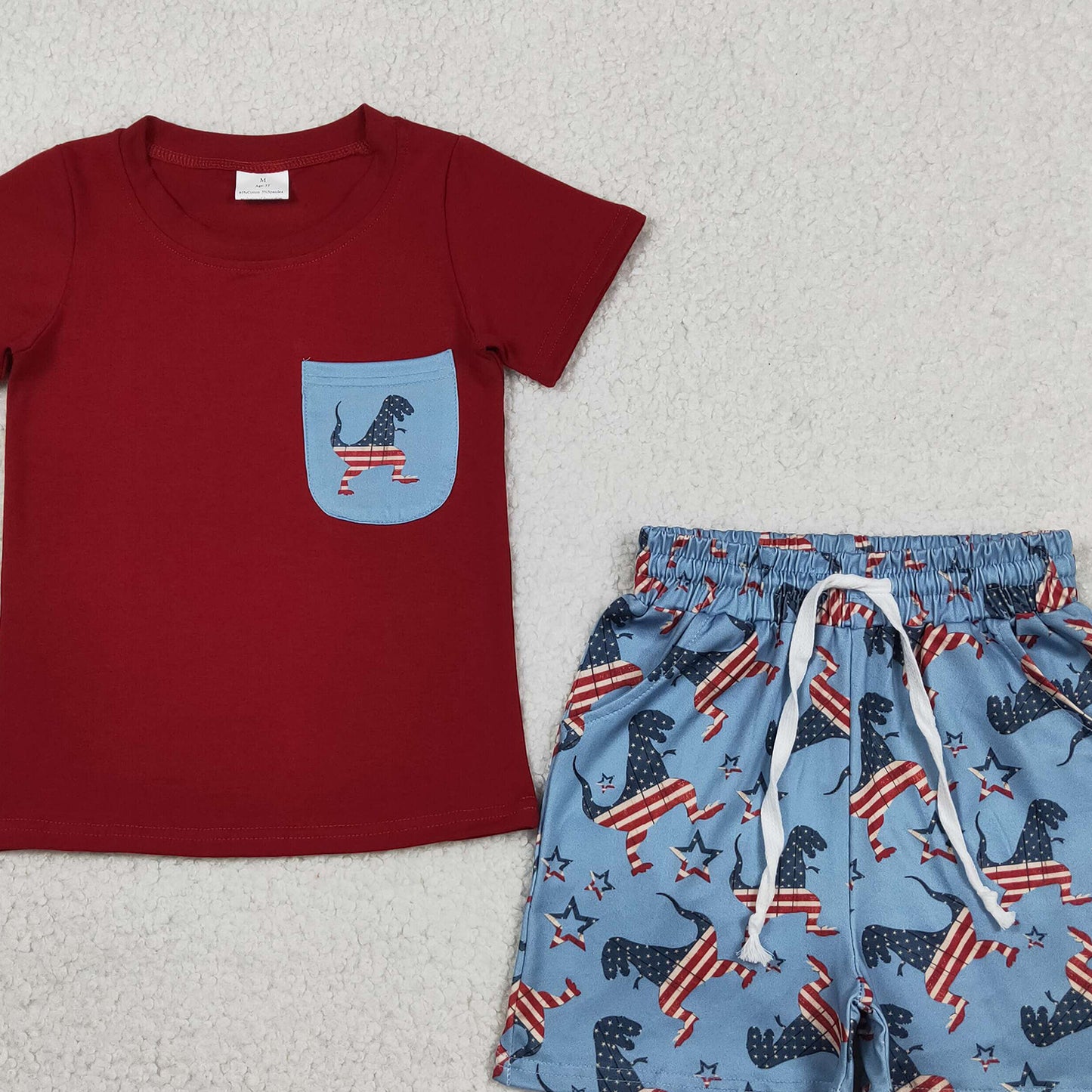 RTS NO MOQ BSSO0519 milk silk Baby Boys Dinosaurs Flags Pocket Shirts Shorts 4th of July Sets