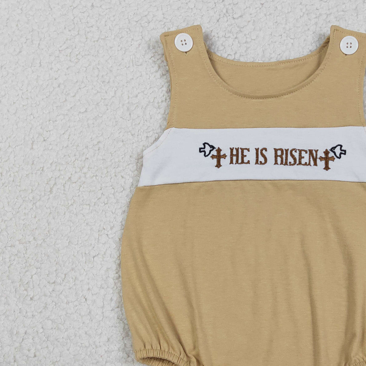 RTS NO MOQ SR3547 Embroidery 'He Is Risen' Crosses Baby Boys Sleeveless Rompers