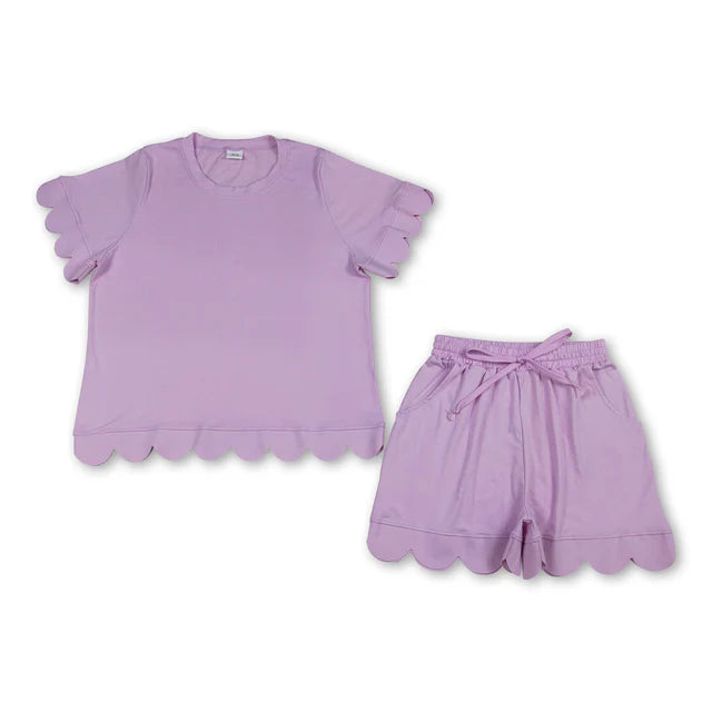 RTS NO MOQ Sibling Adult Women Shorts Sleeve Shirts Top Scallop Short Clothes Sets