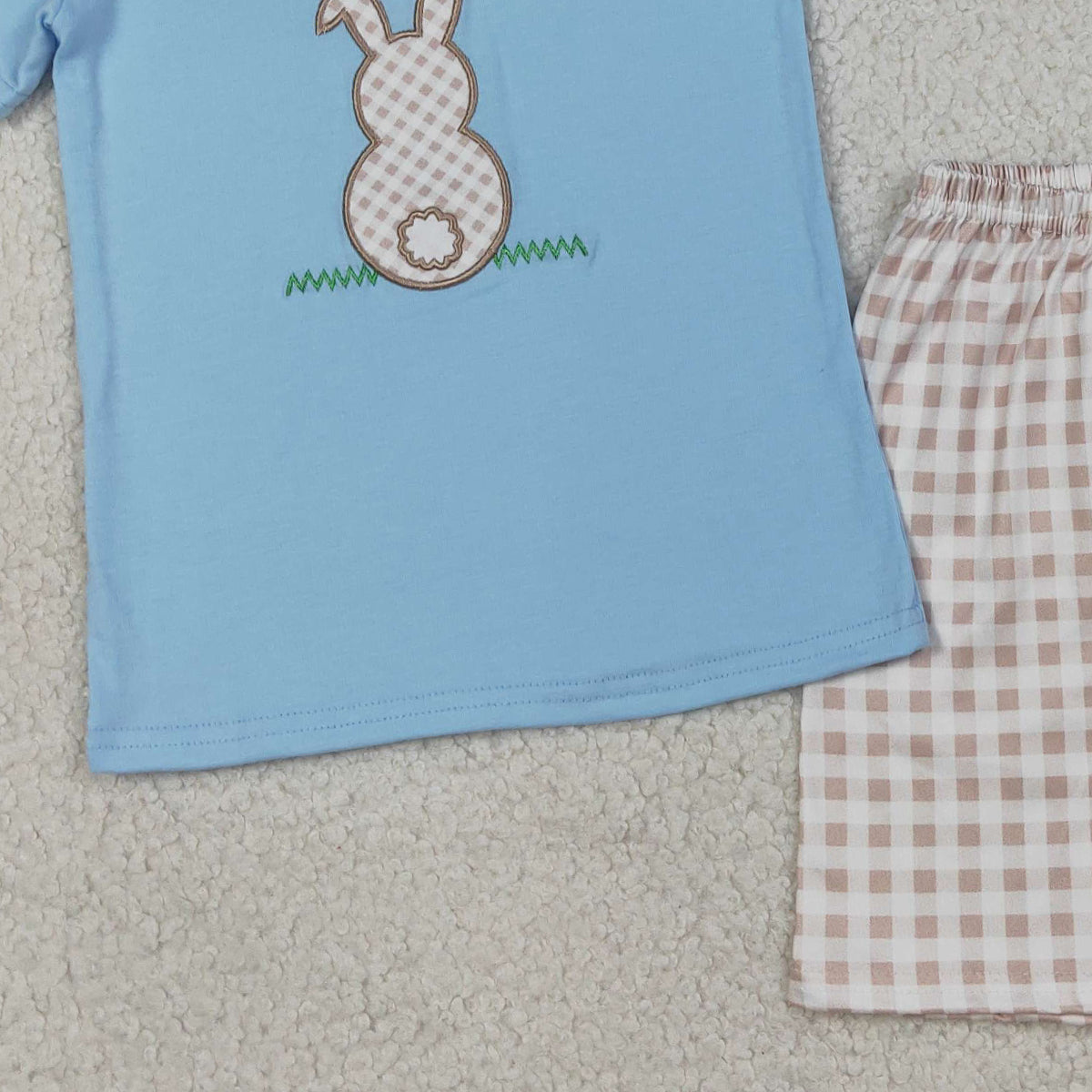 RTS NO MOQ BSSO0305 Embroidered Rabbit Baby Boys Shirt And Checked Shorts Set Easter Outfit
