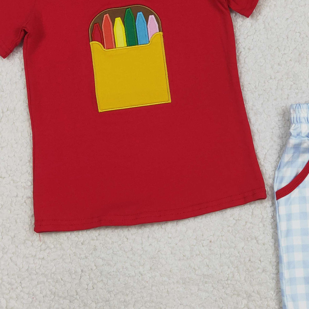 RTS NO MOQ BSSO1819  Baby Boys Red Embroidery Short-Sleeved Top Plaid Shorts Outfit for Back to School