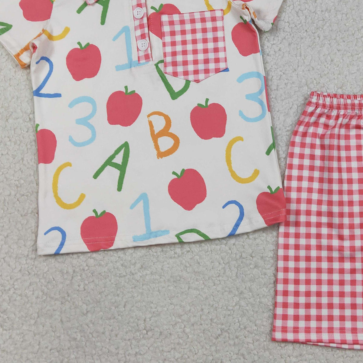 RTS NO MOQ BSSO1913 Baby Boys Apples ABC Checked Button Top with Pocket And Shorts Back to School Clothing Set