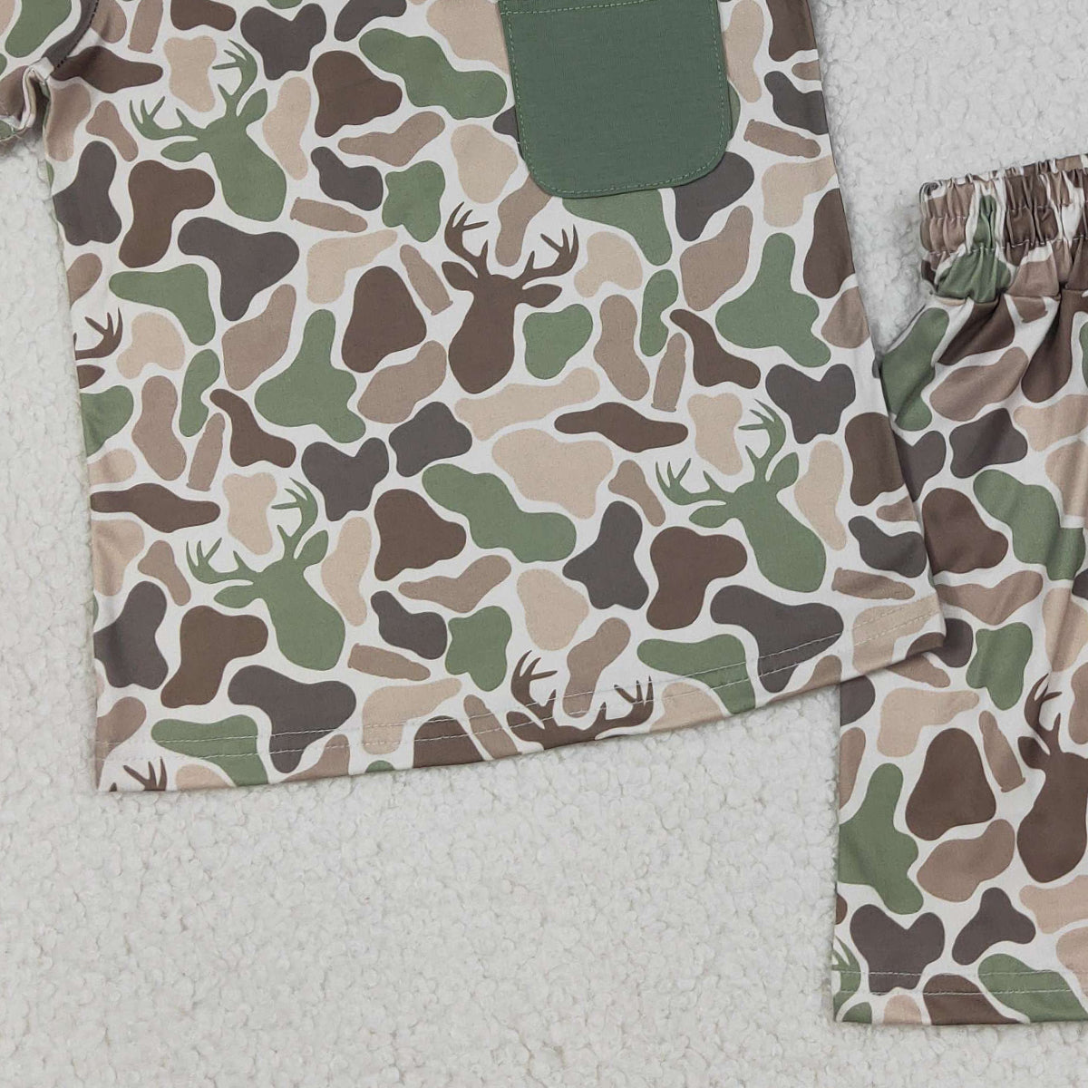 RTS NO MOQ BSSO1792 Baby Boys Green Deer Camouflage Top And Shorts Set with Pocket