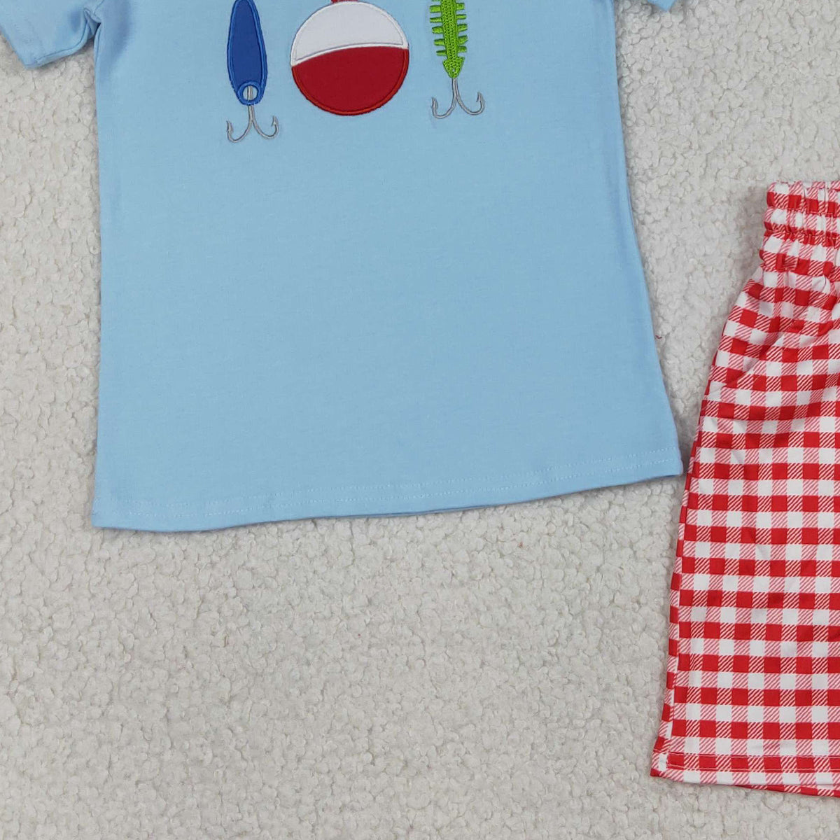 RTS NO MOQ BSSO1699 Embroidery Fishing Baby Boys Outfit with Checked Pockets Shorts Hunting Clothing Set