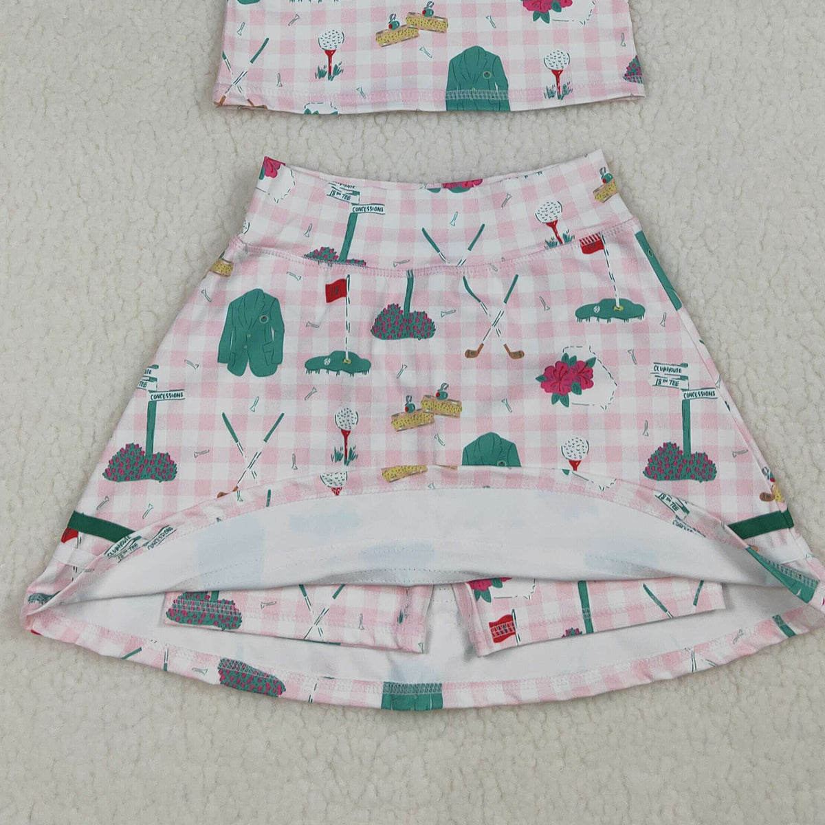 RTS NO MOQ GSD3520 Baby Girls Pink Checked Golf Active Outfit with Button Top And Skirt Short Set