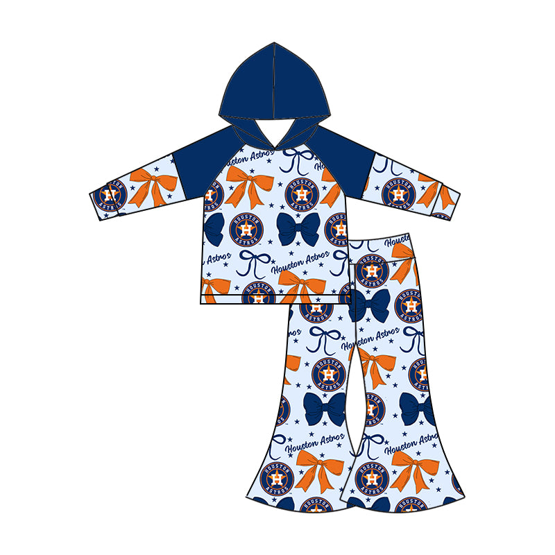 Custom moq 5 mix size milk silk summer teams baby girls clothes team bow blue long sleeve hooded pants sets and dress 1 and dress 2 and top-25.6.17
