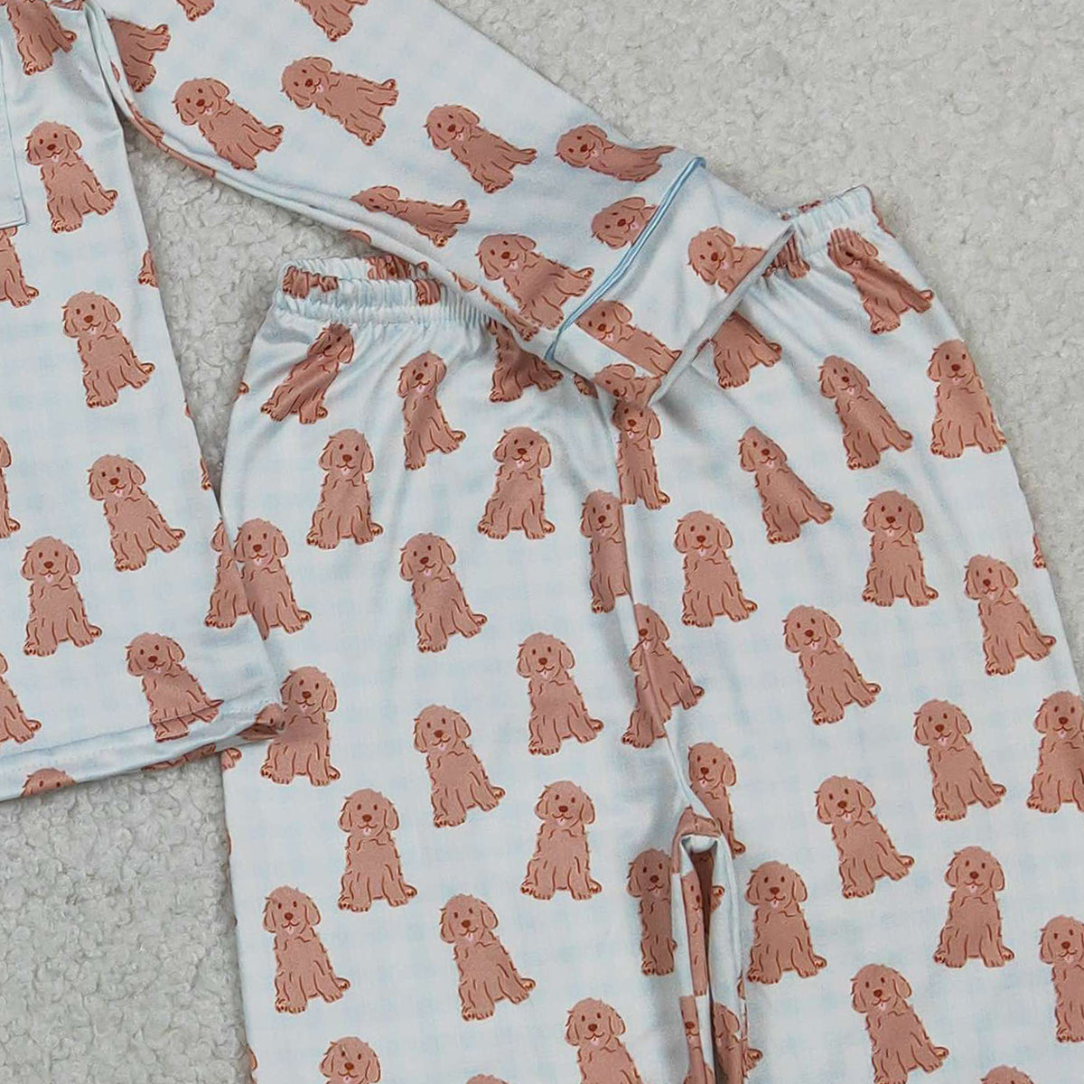 RTS NO MOQ BLP1408 Baby Boys Blue Checked Dogs Pajamas Set with Button Pocket Top And Pants Comfortable Sleepwear for Infants