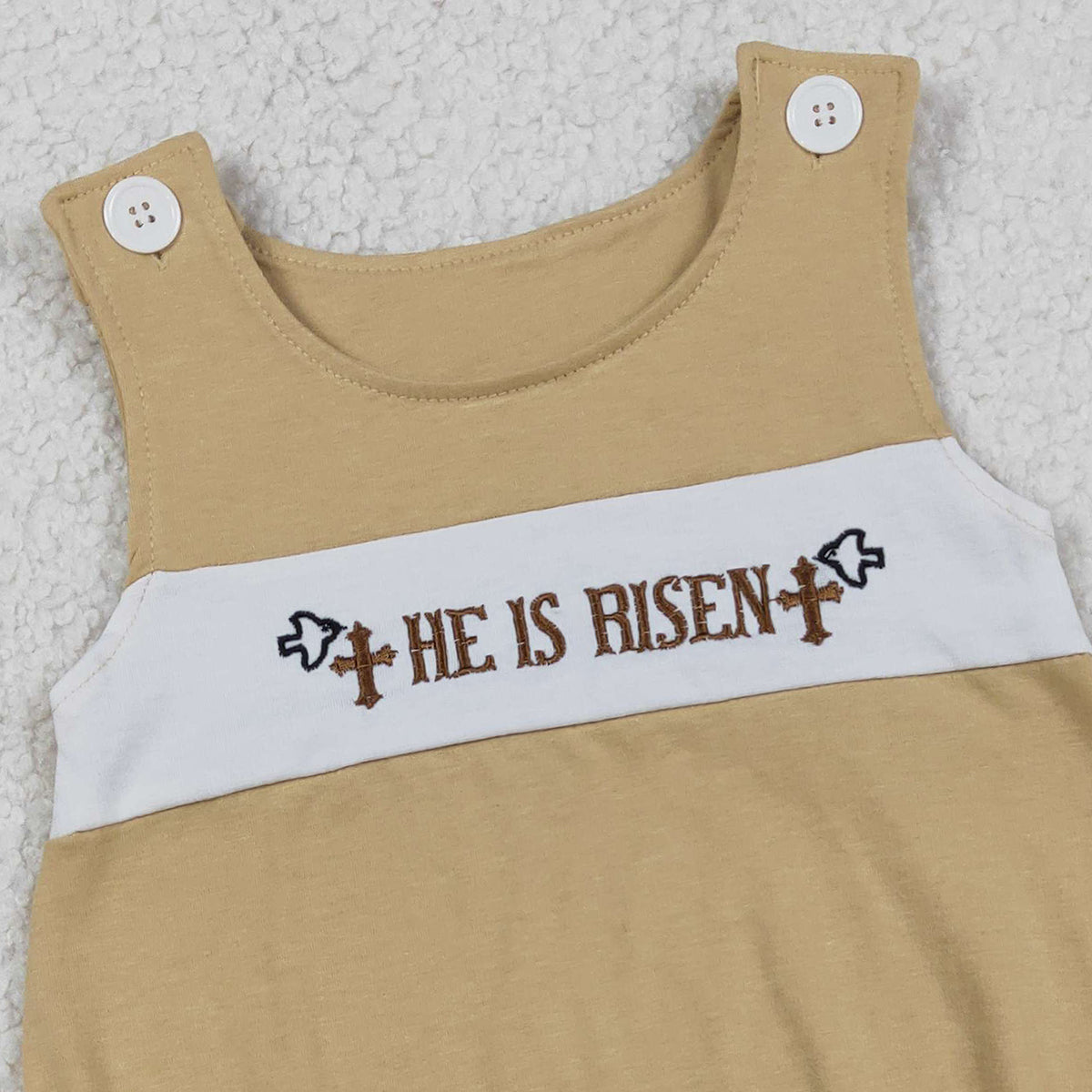 RTS NO MOQ SR3547 Embroidery 'He Is Risen' Crosses Baby Boys Sleeveless Rompers