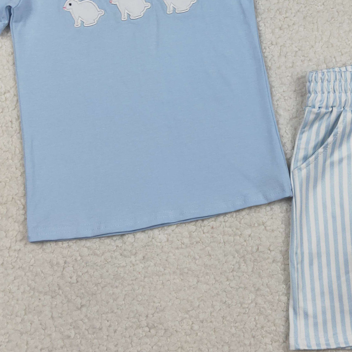 RTS NO MOQ BSSO1560 Baby Boys Easter Outfit Set with Embroidered Rabbits Top And Shorts Stripe Design with Pockets