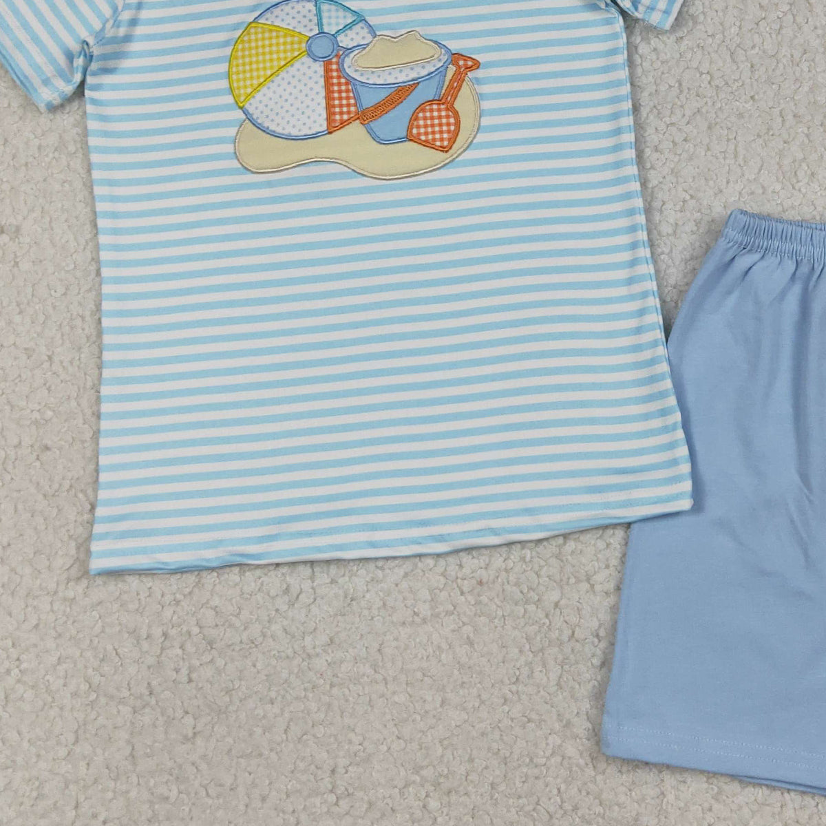 RTS NO MOQ BSSO1834 Embroidery Beach Baby Boys Blue Stripe Top And Shorts Outfit Set Baby Boy Clothing Set