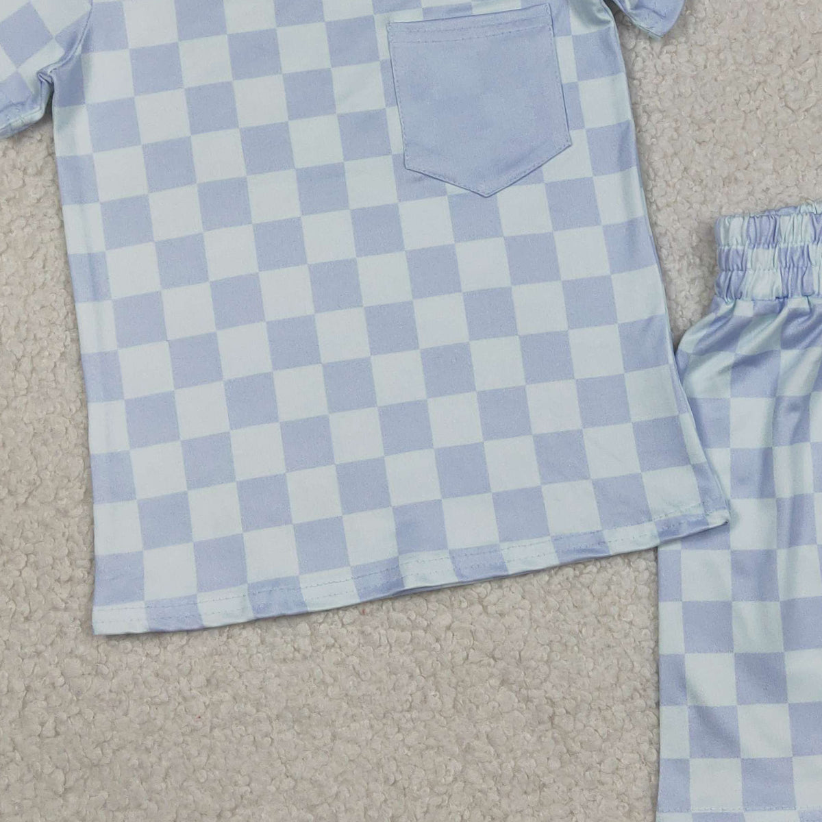 RTS NO MOQ BSSO1753 Baby Boys Blue Checked Pajamas Set with Pocket Long Sleeve Top And Shorts