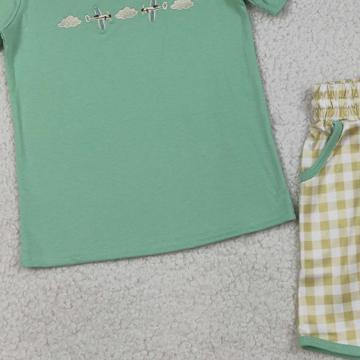 RTS NO MOQ BSSO1684 Baby Boys Embroidered Top with Checked Pockets Cute Clothes Set