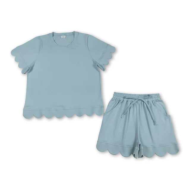 RTS NO MOQ Sibling Adult Women Shorts Sleeve Shirts Top Scallop Short Clothes Sets