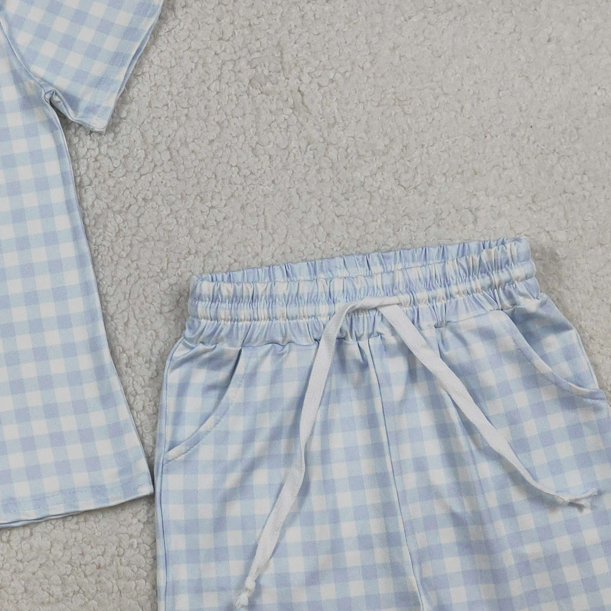 RTS NO MOQ BSSO1896 Baby Boys Light Blue Checked Top with Pockets Shorts Outfit Set Cute Casual Clothing for Infants