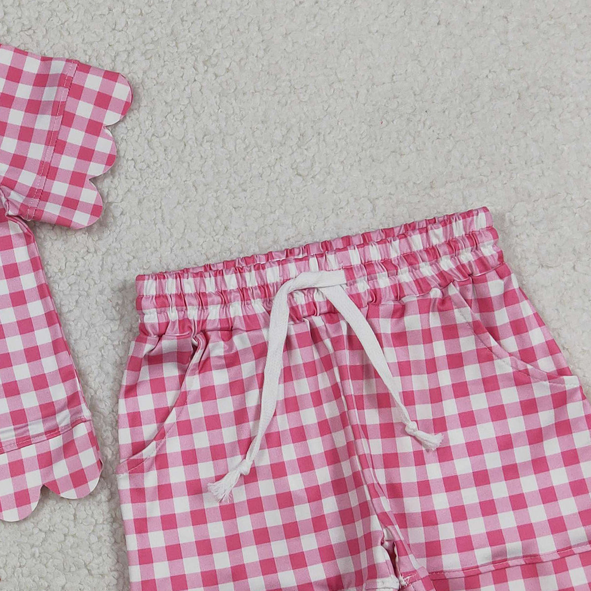RTS NO MOQ GSSO3186 Baby Girls Pink Checked Top with Scallop Pockets Short Sleeve Outfit Set