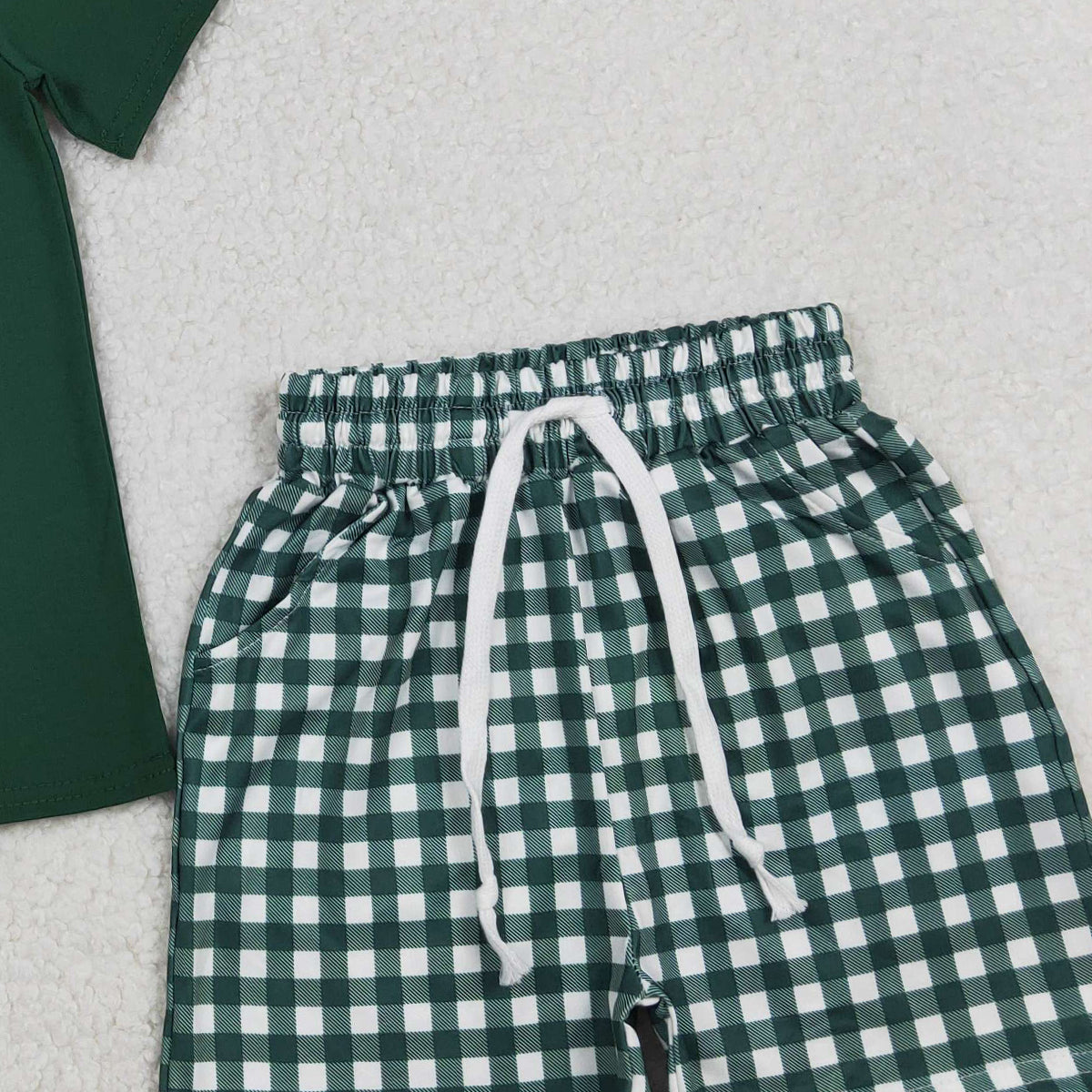 RTS NO MOQ BSSO1885 Baby Boys Dark Green Plaid Shirt And Shorts Outfit Set with Pockets Baby Clothing Set