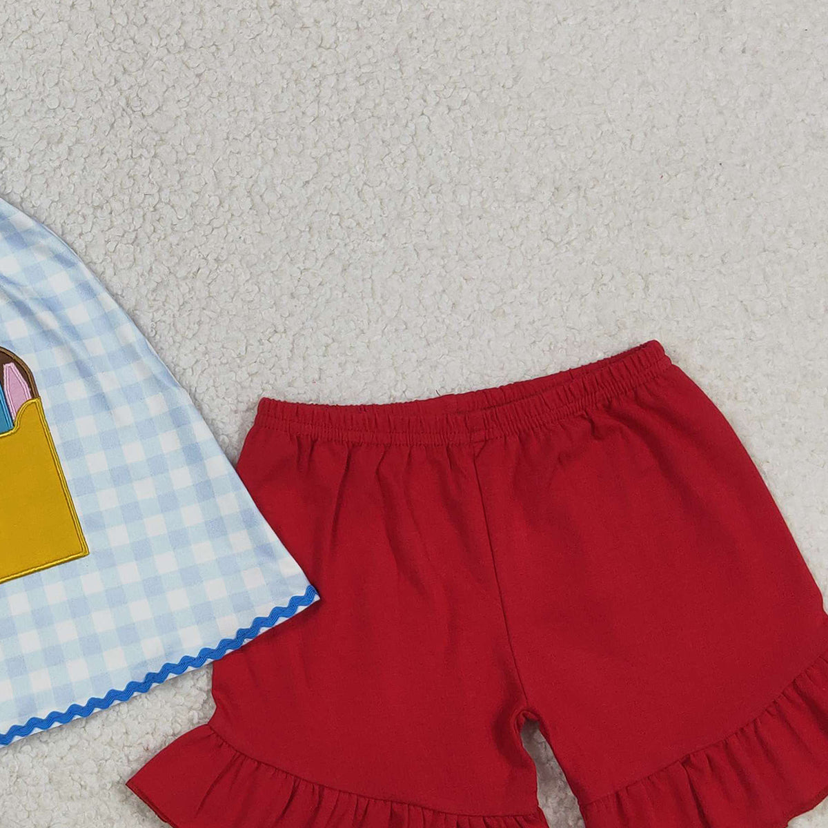 RTS NO MOQ GSSO3101 Embroidery Pencils Baby Girls Plaid Tunic with Ruffle Shorts Back-to-School Outfit