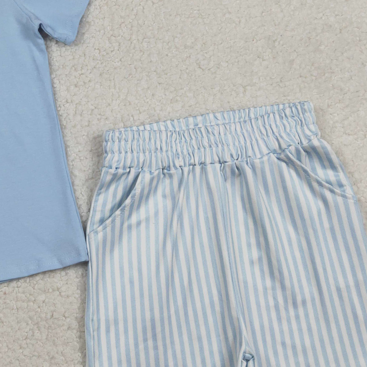 RTS NO MOQ BSSO1560 Baby Boys Easter Outfit Set with Embroidered Rabbits Top And Shorts Stripe Design with Pockets