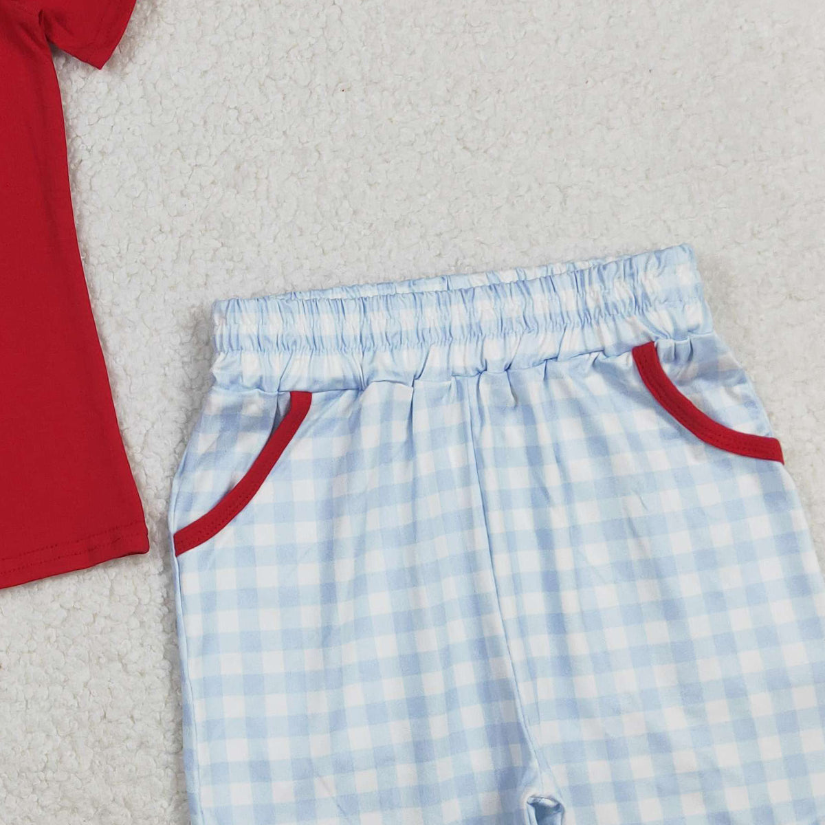 RTS NO MOQ BSSO1819  Baby Boys Red Embroidery Short-Sleeved Top Plaid Shorts Outfit for Back to School