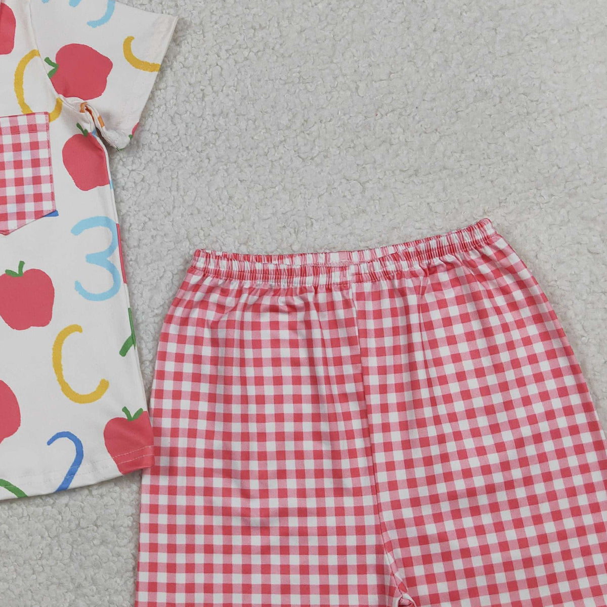 RTS NO MOQ Baby Boys Apples ABC Pocket Button Top Checked Shorts Back to School Sets