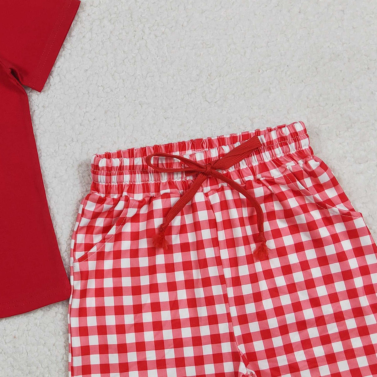 RTS NO MOQ BSSO1884 Baby Boys Red Plaid Shirt And Shorts Outfit Set with Pockets Baby Boy's Clothing Set