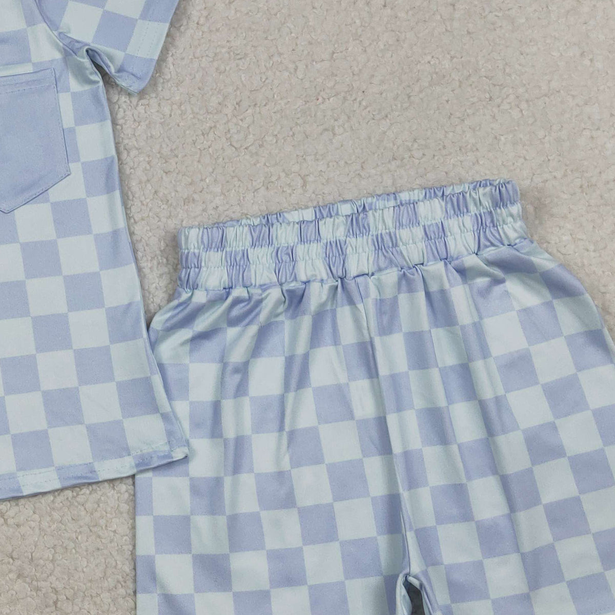 RTS NO MOQ BSSO1753 Baby Boys Blue Checked Pajamas Set with Pocket Long Sleeve Top And Shorts