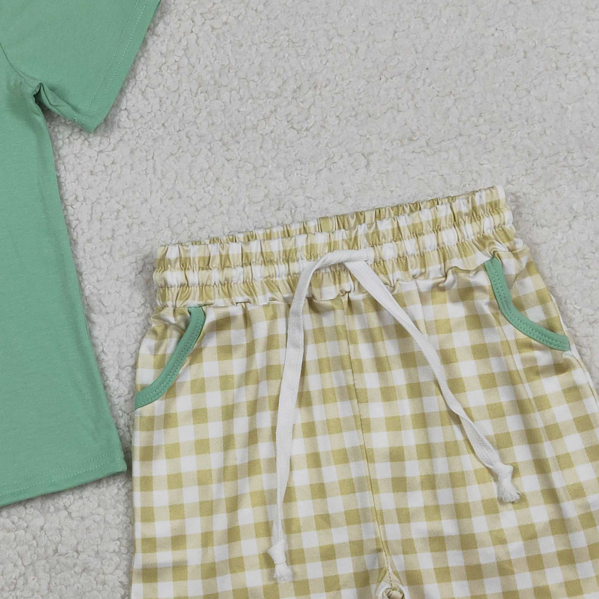 RTS NO MOQ BSSO1684 Baby Boys Embroidered Top with Checked Pockets Cute Clothes Set
