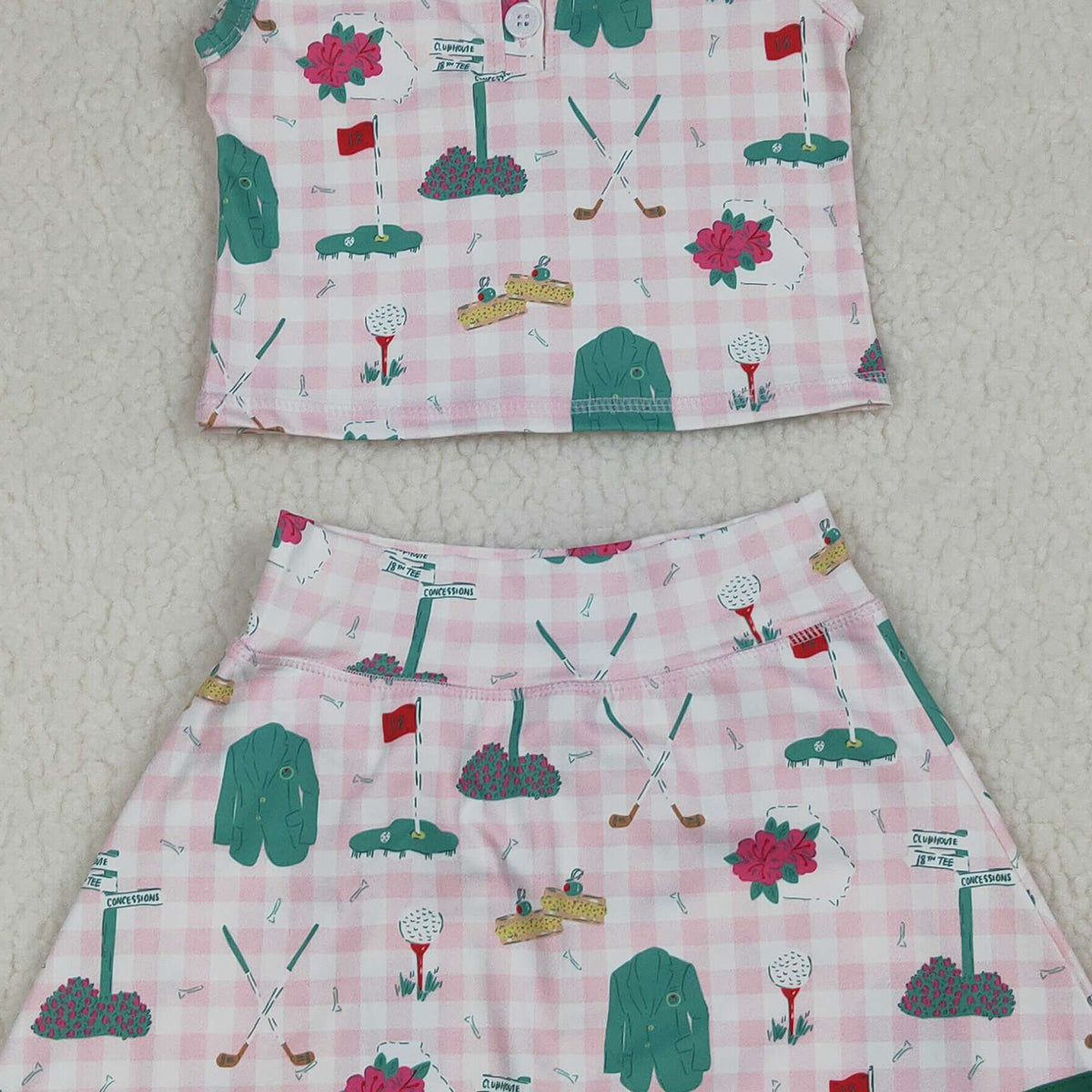 RTS NO MOQ GSD3520 Baby Girls Pink Checked Golf Active Outfit with Button Top And Skirt Short Set