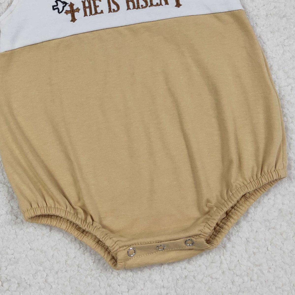 RTS NO MOQ SR3547 Embroidery 'He Is Risen' Crosses Baby Boys Sleeveless Rompers