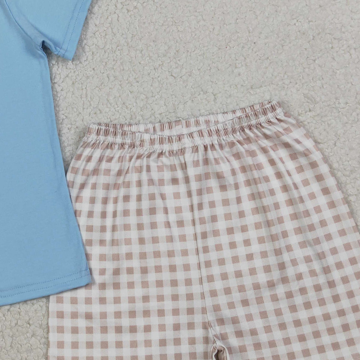 RTS NO MOQ BSSO0305 Embroidered Rabbit Baby Boys Shirt And Checked Shorts Set Easter Outfit