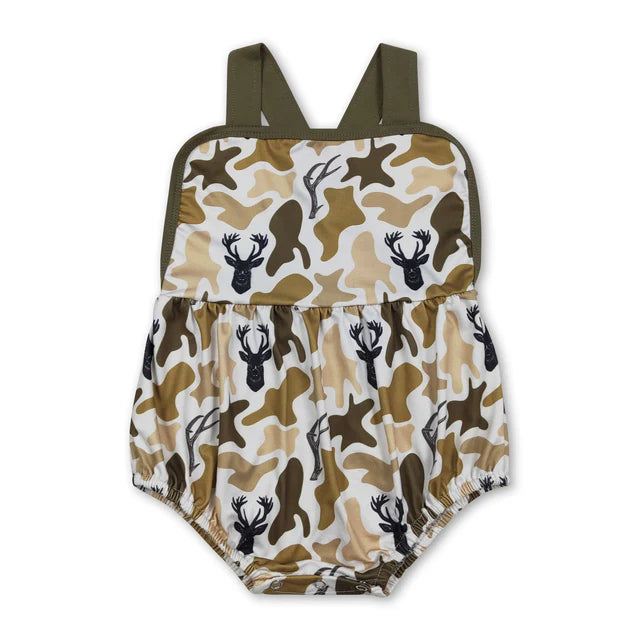 RTS NO MOQ Sibling Baby Boys Strap Deer Camo Checked Hunting Rompers