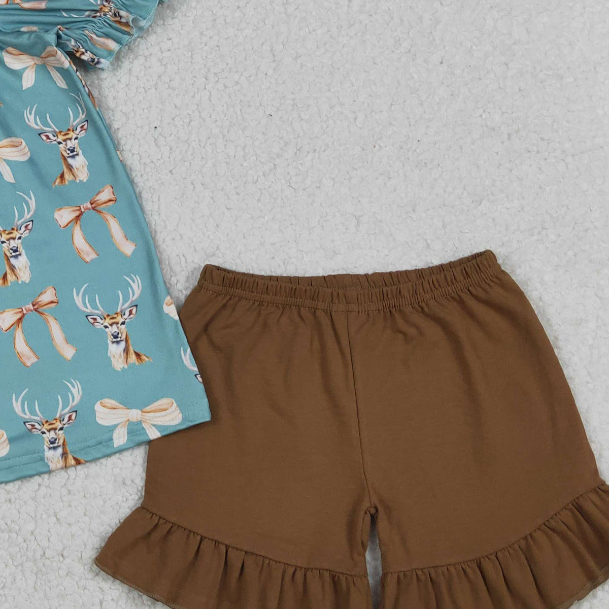 RTS NO MOQ GSSO3212 Baby Girls Hunting Outfit with Bow Deer Duck Tunic And Ruffle Shorts Set for Little Ones