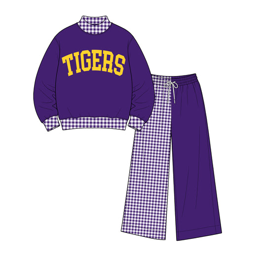 custom moq 5 mix size XY071712 Baby Kids Letter Printed Purple Long Sleeve Tops Patchwork Pants Team Casual Clothes Set