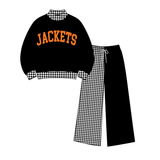 custom moq 5 mix size XY071713 Baby Kids Letter Printed Black Long Sleeve Tops Patchwork Pants Team Casual Clothes Set