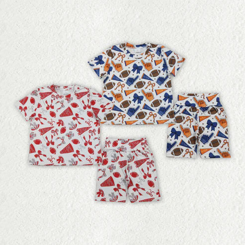 RTS NO MOQ Sibling Baby Girls Short Sleeve Bows Football Print Top And Shorts Set Team Pajamas Outfit Clothes Set for Little Girls