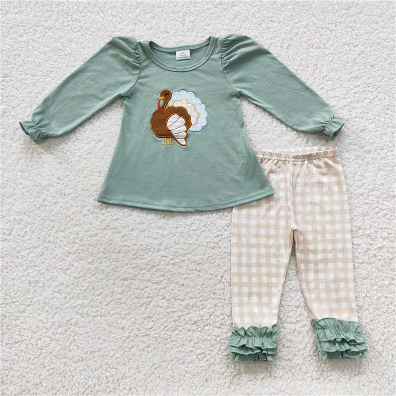 RTS NO MOQ（In Stock ) GLP0534 Embroidered turkey long sleeve pants set