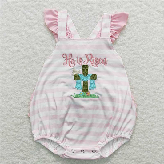 RTS NO MOQ（In Stock) embroidery Easter He is risen flying sleeve jumpsuit