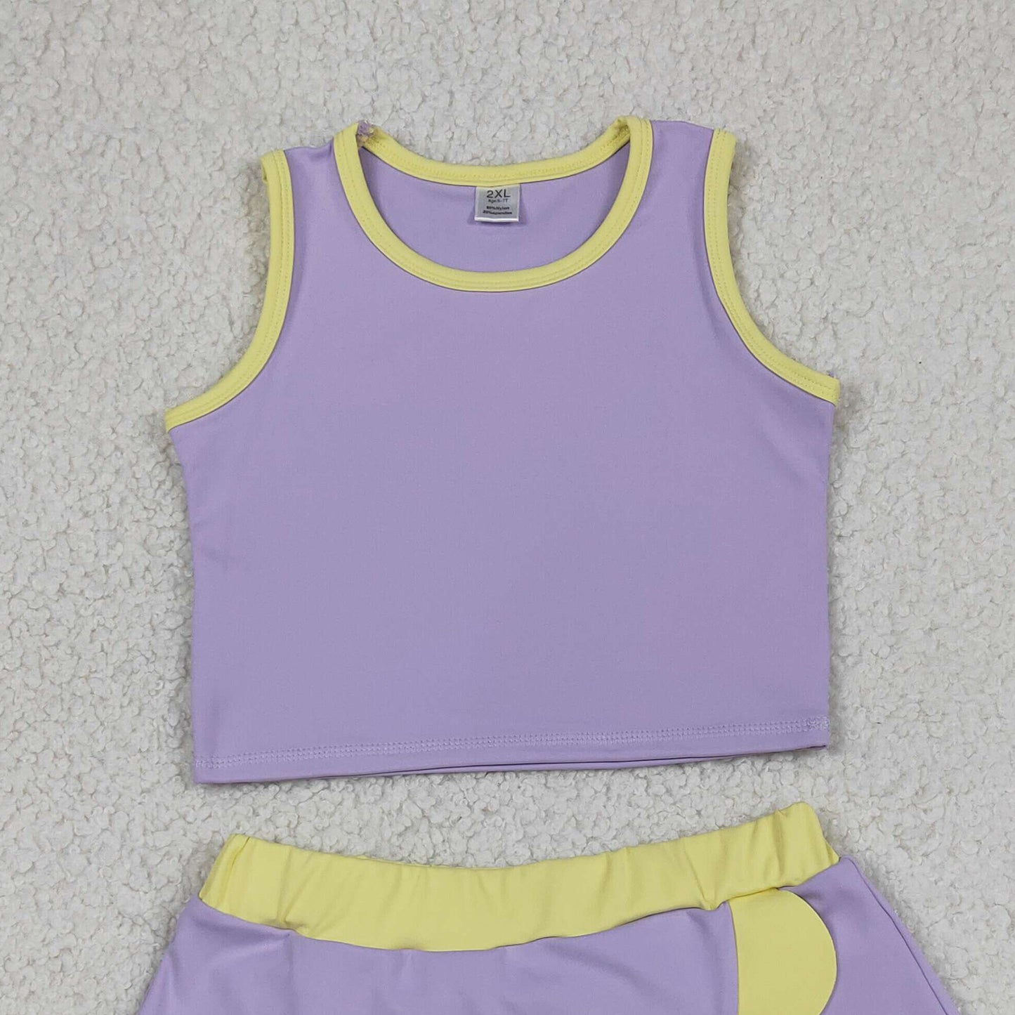 RTS NO MOQ yoga fabric cotton GSD4011 Baby Girls Lavender Yellow Vest Scallop Skirt Short Yoga Active Clothes Set