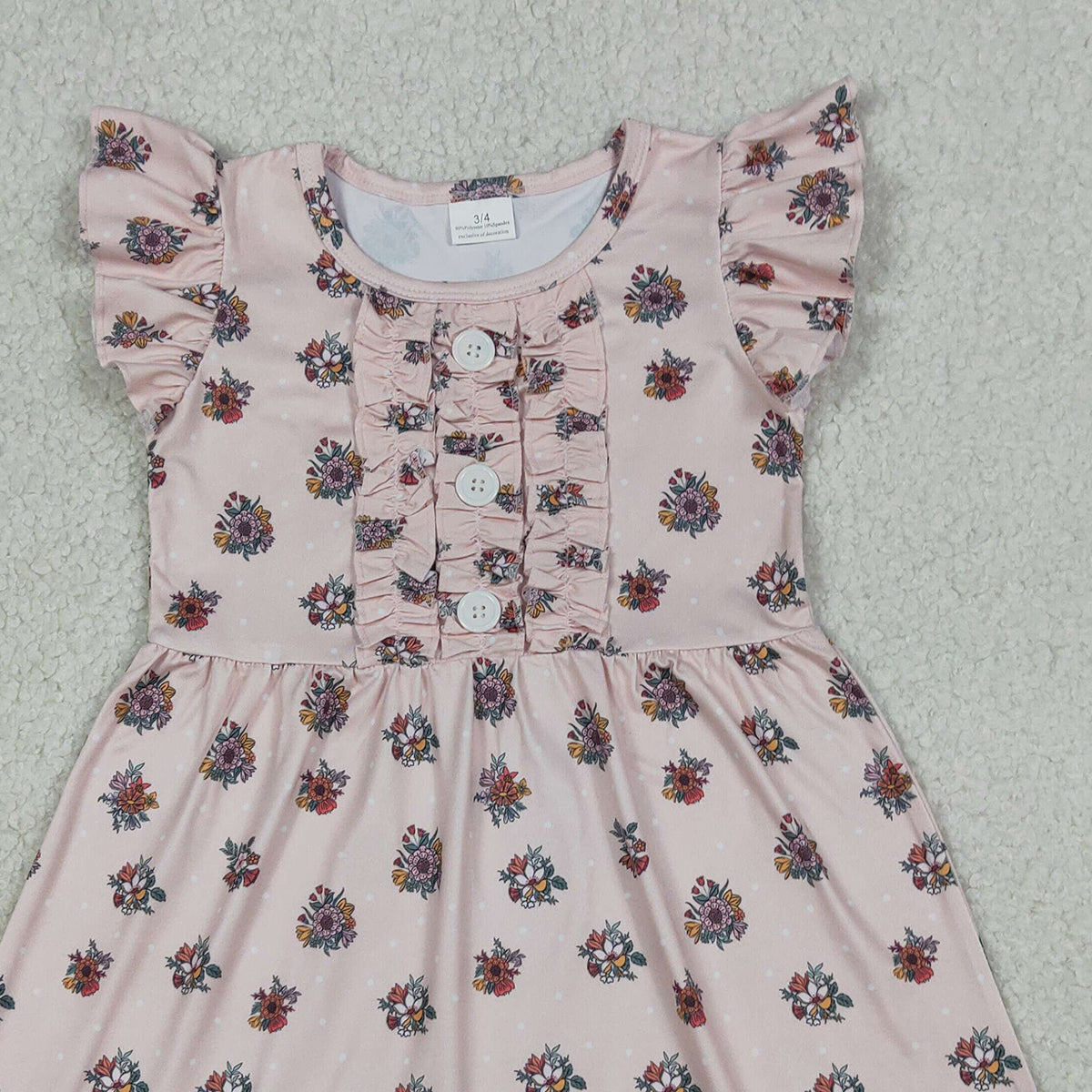 RTS NO MOQ GSD4092 Baby Girls Floral Button Ruffle  Flutter Sleeves Knee-Length Dress(3-4T-10-12T）